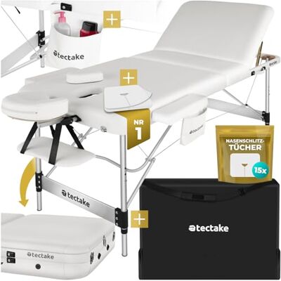 tectake ® Massageliege 3 Zonen, Massagetisch, Massageliege klappbar, höhenverstellbare Aluminium Massageliege, Massagebett tragbar inkl. Zubehör, Kopfstütze, Armlehne, Tragetasche weiß tectake ® Massageliege 3 Zonen, Massagetisch, Massageliege klappbar, höhenverstellbare Aluminium Massageliege, Massagebett tragbar inkl. Zubehör, Kopfstütze, Armlehne, Tragetasche weiß