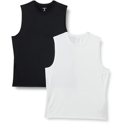 Amazon Herren Leichtes, Schnelltrocknendes und Feuchtigkeitsableitendes Sport-Muskelshirt aus Tech Stretch, Ärmellos, 2er-Pack, Schwarz/Weiß, XS Amazon Herren Leichtes, Schnelltrocknendes und Feuchtigkeitsableitendes Sport-Muskelshirt aus Tech Stretch, Ärmellos, 2er-Pack, Schwarz/Weiß, XS