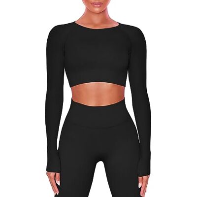 Buttergene Damen-Workout-Sets, 2-teilig, langärmelig, Yoga-Outfits, Fitnessstudio, Kleidung, nahtlos, gerippt, bauchfrei, hohe Taille, Leggings, schwarz, Medium Buttergene Damen-Workout-Sets, 2-teilig, langärmelig, Yoga-Outfits, Fitnessstudio, Kleidung, nahtlos, gerippt, bauchfrei, hohe Taille, Leggings, schwarz, Medium