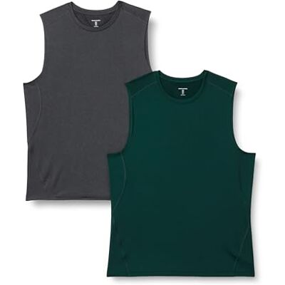 Amazon Herren Leichtes, Schnelltrocknendes und Feuchtigkeitsableitendes Sport-Muskelshirt aus Tech Stretch, Ärmellos, 2er-Pack, Dunkelgrün/Graphit Heide, M Amazon Herren Leichtes, Schnelltrocknendes und Feuchtigkeitsableitendes Sport-Muskelshirt aus Tech Stretch, Ärmellos, 2er-Pack, Dunkelgrün/Graphit Heide, M