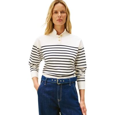 Tommy Hilfiger Damen CO Jersey Gold BTN Mock-NK SWT WW0WW47467 Pullover Sweater, Blau, S, Blau (Placed Thin Navy STP Sweaters), S Tommy Hilfiger Damen CO Jersey Gold BTN Mock-NK SWT WW0WW47467 Pullover Sweater, Blau, S, Blau (Placed Thin Navy STP Sweaters), S