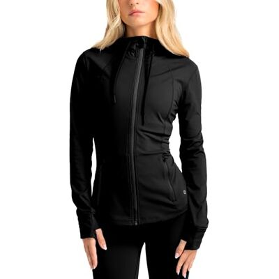 Aruki Weiche Sportjacke Für Frauen, Hochwertige Atmungsaktive Slim Fit Casual Full–Zip Hoodie Oberbekleidung, Feuchtigkeitsregulierende Leichte Langarmoutfit Mit Daumenlöchern – Jet Black – XLarge Aruki Weiche Sportjacke Für Frauen, Hochwertige Atmungsaktive Slim Fit Casual Full–Zip Hoodie Oberbekleidung, Feuchtigkeitsregulierende Leichte Langarmoutfit Mit Daumenlöchern – Jet Black – XLarge