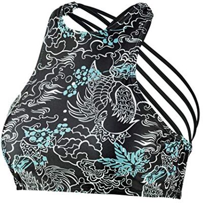 Beco Damen Bikini Damen Sportlicher High Neck Bikini Top, mit Gekreuzten Spaghettiträgern, herausnehmbare Pads, B Cup Bikini, schwarz/bunt, 34, 36170 Beco Damen Bikini Damen Sportlicher High Neck Bikini Top, mit Gekreuzten Spaghettiträgern, herausnehmbare Pads, B Cup Bikini, schwarz/bunt, 34, 36170