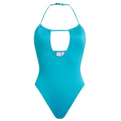 Calvin Damen Badeanzug Plunge One Piece mit Knitterstruktur, Blau (Adriatic Blue), S Calvin Damen Badeanzug Plunge One Piece mit Knitterstruktur, Blau (Adriatic Blue), S