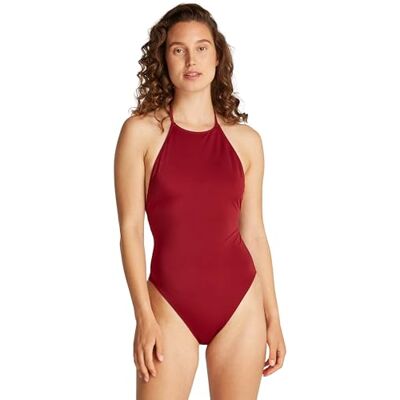 Calvin Damen Badeanzug High Neck One Piece Neckholder, Rot (Plum Glaze), S Calvin Damen Badeanzug High Neck One Piece Neckholder, Rot (Plum Glaze), S