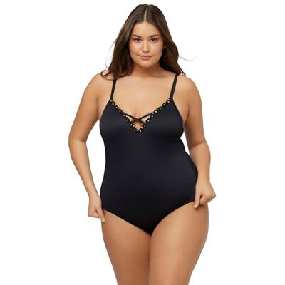 Ulla Popken Damen große Größen Übergrößen Plus Size Badeanzug, Perlenband, Struktur, Softcups, Zierbänder schwarz 42 793662100-42 Ulla Popken Damen große Größen Übergrößen Plus Size Badeanzug, Perlenband, Struktur, Softcups, Zierbänder schwarz 42 793662100-42