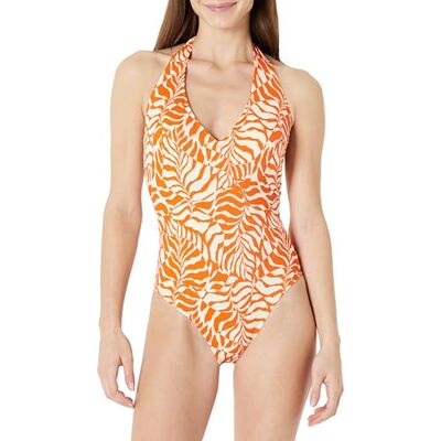 Amazon Damen Einteiliger Neckholder-Badeanzug, Rostorange Abstrakte Handflächen, 46 Amazon Damen Einteiliger Neckholder-Badeanzug, Rostorange Abstrakte Handflächen, 46