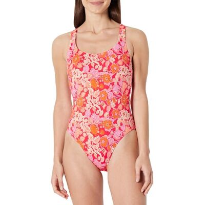 Amazon Damen Einteiliger Badeanzug mit Überkreuzten Trägern am Rücken, Kräftiges Mohnrot Folk Floral, 42 Amazon Damen Einteiliger Badeanzug mit Überkreuzten Trägern am Rücken, Kräftiges Mohnrot Folk Floral, 42