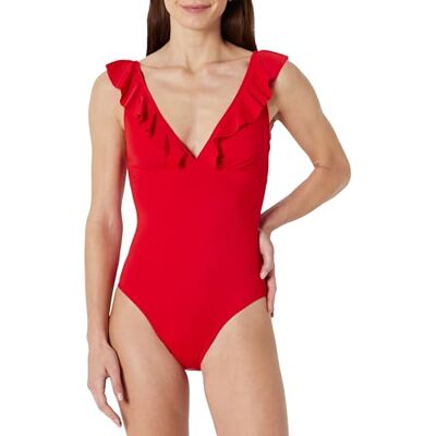 Amazon Damen Einteiliger Badeanzug mit Rüschen und V-Ausschnitt , Kräftiges Mohnrot, 42 Amazon Damen Einteiliger Badeanzug mit Rüschen und V-Ausschnitt , Kräftiges Mohnrot, 42