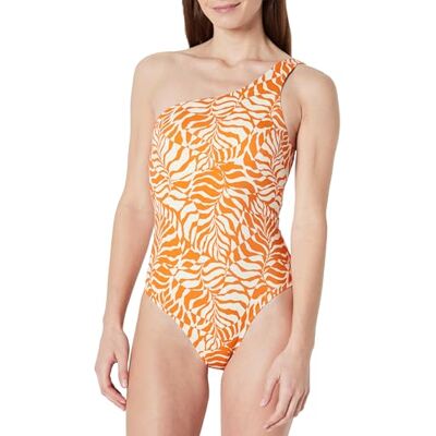 Amazon Damen Einteiliger One-Shoulder-Badeanzug, Rostiges Orange Abstrakte Palmen, 36 Amazon Damen Einteiliger One-Shoulder-Badeanzug, Rostiges Orange Abstrakte Palmen, 36