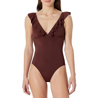 Amazon Damen Einteiliger Badeanzug mit Rüschen und V-Ausschnitt , Tiefbraun, 42 Amazon Damen Einteiliger Badeanzug mit Rüschen und V-Ausschnitt , Tiefbraun, 42