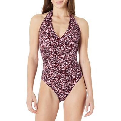 Amazon Damen Einteiliger Neckholder-Badeanzug, Ziegelrot, Lila, Leopardenmuster, 40 Amazon Damen Einteiliger Neckholder-Badeanzug, Ziegelrot, Lila, Leopardenmuster, 40