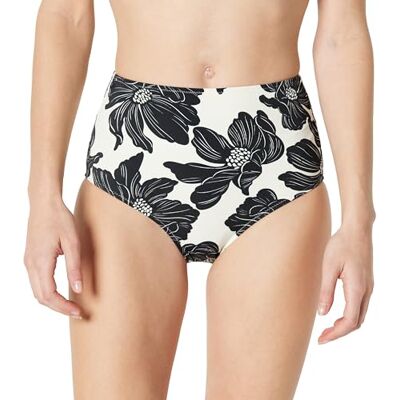 Amazon Damen Badehose mit hoher Taille, Creme-schwarz, Blumenmuster, 38 Amazon Damen Badehose mit hoher Taille, Creme-schwarz, Blumenmuster, 38