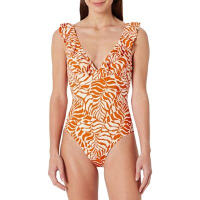 Amazon Damen Einteiliger Badeanzug mit Rüschen und V-Ausschnitt , Rostiges Orange Abstrakte Palmen, 38 Amazon Damen Einteiliger Badeanzug mit Rüschen und V-Ausschnitt , Rostiges Orange Abstrakte Palmen, 38