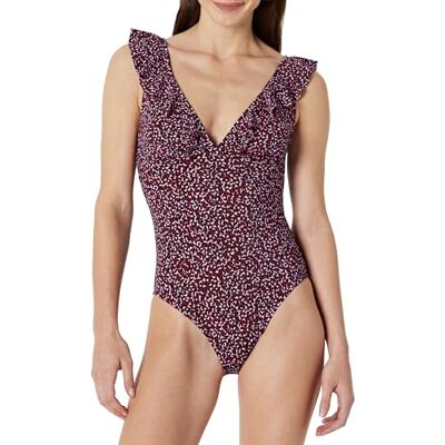 Amazon Damen Einteiliger Badeanzug mit Rüschen und V-Ausschnitt , Ziegelrot Lila Leopardenmuster, 40 Amazon Damen Einteiliger Badeanzug mit Rüschen und V-Ausschnitt , Ziegelrot Lila Leopardenmuster, 40