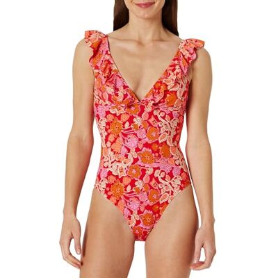 Amazon Damen Einteiliger Badeanzug mit Rüschen und V-Ausschnitt , Kräftiges Mohnrot Folk Floral, 42 Amazon Damen Einteiliger Badeanzug mit Rüschen und V-Ausschnitt , Kräftiges Mohnrot Folk Floral, 42