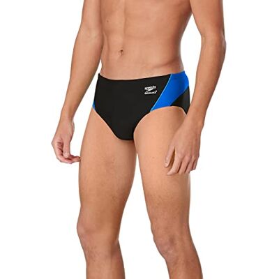 Speedo Endurance+ Launch Splice Badehose für Herren, Herren, Badeanzug, Spark Splice Brief, Schwarz/Blau, 34 Speedo Endurance+ Launch Splice Badehose für Herren, Herren, Badeanzug, Spark Splice Brief, Schwarz/Blau, 34