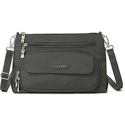 Baggallini Damen Umhängetasche, 27,9 X 19,1 cm, geschützt, Waschbar, Leicht, Nylon, mit Reißverschluss Original RFID Everyday Crossbody Bag, Dunkelgrau Baggallini Damen Umhängetasche, 27,9 X 19,1 cm, geschützt, Waschbar, Leicht, Nylon, mit Reißverschluss Original RFID Everyday Crossbody Bag, Dunkelgrau