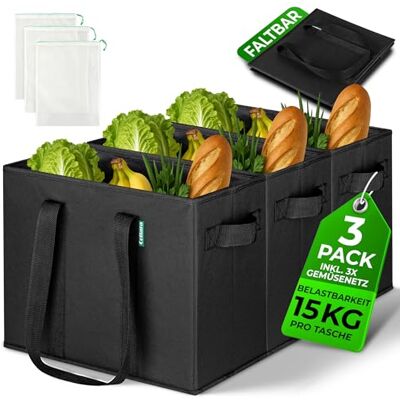 COTTARA ® große Einkaufstasche faltbar 3er Pack – inkl Obstnetz, Schwarz 3x stabiler großer Einkaufskorb faltbar mit verstärktem Boden – Ideale Einkaufstaschen für Einkaufswagen & Kofferraum – 80 L COTTARA ® große Einkaufstasche faltbar 3er Pack – inkl Obstnetz, Schwarz 3x stabiler großer Einkaufskorb faltbar mit verstärktem Boden – Ideale Einkaufstaschen für Einkaufswagen & Kofferraum – 80 L
