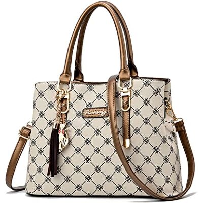 NICOLE & DORIS Damen Handtasche Elegante Schultertaschen Bedruckte Handtaschen PU Leder Frauen Umhängetasche Shopper Tote Mittelgross Tasche Henkeltasche mit Anhänger Beige mit Braun NICOLE & DORIS Damen Handtasche Elegante Schultertaschen Bedruckte Handtaschen PU Leder Frauen Umhängetasche Shopper Tote Mittelgross Tasche Henkeltasche mit Anhänger Beige mit Braun