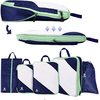 AiQInu Packing Cubes Compression, 5 Stück Packtaschen Kompression Koffer Organizer Set mit Wäschebeutel und Schuhbeutel Ultraleicht, Erweiterbar, Reisepack Organizer für Handgepäck (Dunkelblau) AiQInu Packing Cubes Compression, 5 Stück Packtaschen Kompression Koffer Organizer Set mit Wäschebeutel und Schuhbeutel Ultraleicht, Erweiterbar, Reisepack Organizer für Handgepäck (Dunkelblau)