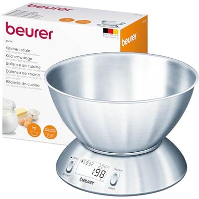 Beurer KS 54 Küchenwaage, mit Edelstahlschüssel, 1,5l Fassungsvermögen, Tragkraft bis 5kg, Haushaltswaage, Schüssel spülmaschinengeeignet, Waage zum Kochen, Backen und Messen von Zutaten Beurer KS 54 Küchenwaage, mit Edelstahlschüssel, 1,5l Fassungsvermögen, Tragkraft bis 5kg, Haushaltswaage, Schüssel spülmaschinengeeignet, Waage zum Kochen, Backen und Messen von Zutaten
