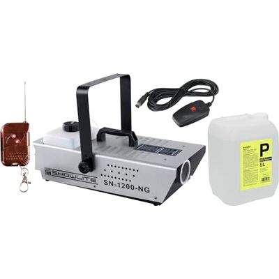 Showlite SN-1200 Nebelmaschine Set (1200 Watt, 350m³ Nebelausstoß/min, 7 Min. Aufwärmzeit, Kabel- und Funkfernbedienung, 5 L Nebelfluid) Showlite SN-1200 Nebelmaschine Set (1200 Watt, 350m³ Nebelausstoß/min, 7 Min. Aufwärmzeit, Kabel- und Funkfernbedienung, 5 L Nebelfluid)