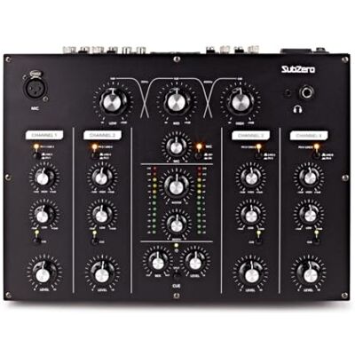 SubZero 4-Kanal-DJ-Rotationsmischpult Vintage-Style-Drehregler für Sanftes Mixen, 3-Band-EQ, Duale Kopfhörerausgänge mit Cue-Split, Symmetrische XLR SubZero 4-Kanal-DJ-Rotationsmischpult Vintage-Style-Drehregler für Sanftes Mixen, 3-Band-EQ, Duale Kopfhörerausgänge mit Cue-Split, Symmetrische XLR