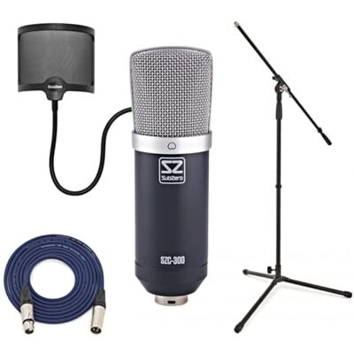 SubZero SZC-300 mit Studiostativ Großmembranmikrofon für Klaren Detaillierten Klang, Popschutz Reduziert Plosivlaute, Ständer und Kabel Inklusive SubZero SZC-300 mit Studiostativ Großmembranmikrofon für Klaren Detaillierten Klang, Popschutz Reduziert Plosivlaute, Ständer und Kabel Inklusive
