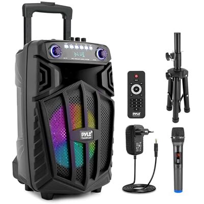 Pyle Tragbarer Bluetooth-Lautsprecher, 880 W, wiederaufladbarer Lautsprecher für Karaoke-Partys im Freien, Audio-System mit kabellosem Mikrofon und Rädern, TWS, Partylichter Pyle Tragbarer Bluetooth-Lautsprecher, 880 W, wiederaufladbarer Lautsprecher für Karaoke-Partys im Freien, Audio-System mit kabellosem Mikrofon und Rädern, TWS, Partylichter