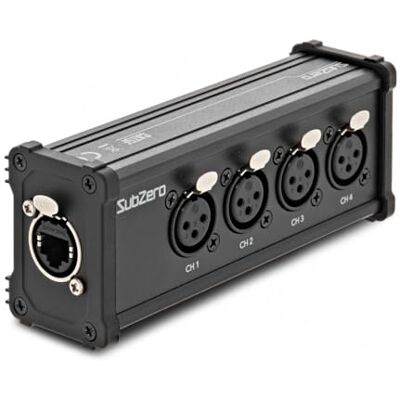 SubZero XLR (F) Cat5/Ethernet Network Extender, vier Kanäle Empfängt Vier Audio- oder DMX-Kanäle über ein Einzelnes Ethernet-Kabel, Ideal für Lange Strecken, 48V-Phantomspannung SubZero XLR (F) Cat5/Ethernet Network Extender, vier Kanäle Empfängt Vier Audio- oder DMX-Kanäle über ein Einzelnes Ethernet-Kabel, Ideal für Lange Strecken, 48V-Phantomspannung