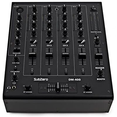 SubZero DJ-Mixer 4-Kanal mit Crossfader und USB Für Anfänger und Profis, ein XLR- und zwei TRS-Mikrofoneingänge, 3-Band-EQ mit Mono-Schalter SubZero DJ-Mixer 4-Kanal mit Crossfader und USB Für Anfänger und Profis, ein XLR- und zwei TRS-Mikrofoneingänge, 3-Band-EQ mit Mono-Schalter