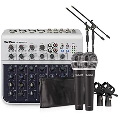 SubZero 8-Kanal-XLR-Audiomischpult und Mikrofon-Bundle für Live Musik Komplettes Live-Musik-Bundle, 8-Kanal-Mixer mit 2-Band-EQ und USB, Zwei Mikros und Galgenstative, XLR-Kabel SubZero 8-Kanal-XLR-Audiomischpult und Mikrofon-Bundle für Live Musik Komplettes Live-Musik-Bundle, 8-Kanal-Mixer mit 2-Band-EQ und USB, Zwei Mikros und Galgenstative, XLR-Kabel