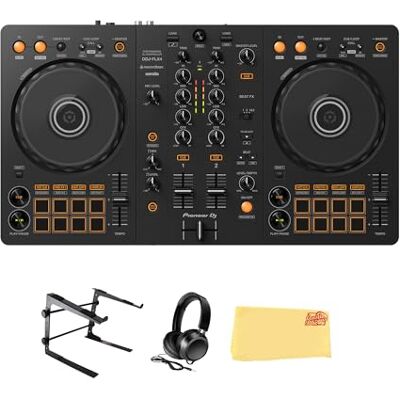 Pioneer DJ DDJ-FLX4 2-K-DJ-Controller, schwarzes Paket mit Laptop-Ständer, Kopfhörern und Austin Bazaar Poliertuch Pioneer DJ DDJ-FLX4 2-K-DJ-Controller, schwarzes Paket mit Laptop-Ständer, Kopfhörern und Austin Bazaar Poliertuch