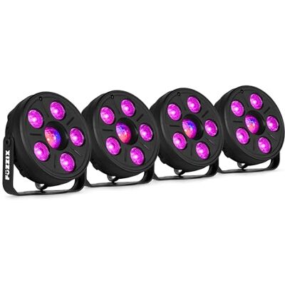 Fuzzix Comet M06 Bühnenlicht LED Par 4er Set Kraftvolle PAR Strahler mit 5x RGB LEDs Discolicht Partylicht mit Fernbedienung RGB Strahler für DJ Bühnenbeleuchtung, Partys, Halloween Fuzzix Comet M06 Bühnenlicht LED Par 4er Set Kraftvolle PAR Strahler mit 5x RGB LEDs Discolicht Partylicht mit Fernbedienung RGB Strahler für DJ Bühnenbeleuchtung, Partys, Halloween