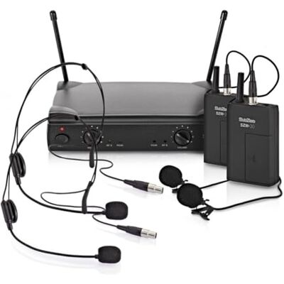 SUBZERO Duales Funkmikrofonsystem mit Lavalier- und Headset-Mikros Duales Drahtloses System mit Zuverlässigem Klarem Klang, Reichweite bis 50m, Freihändiges Headset, Koffer SUBZERO Duales Funkmikrofonsystem mit Lavalier- und Headset-Mikros Duales Drahtloses System mit Zuverlässigem Klarem Klang, Reichweite bis 50m, Freihändiges Headset, Koffer