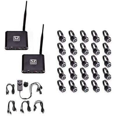 SubZero UHF Silent Disco System, 25er-Pack Silent-Disco-System für 25 Kopfhörer, Doppelsender für Zwei Kanäle, 16-Wege-USB-C-Ladegerät, Große Reichweite SubZero UHF Silent Disco System, 25er-Pack Silent-Disco-System für 25 Kopfhörer, Doppelsender für Zwei Kanäle, 16-Wege-USB-C-Ladegerät, Große Reichweite