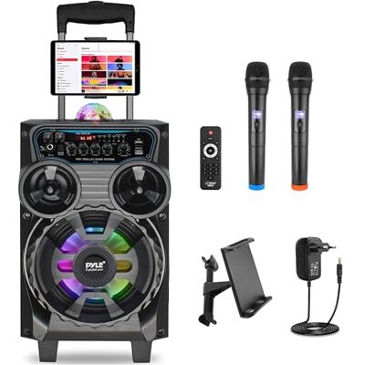 Pyle Partybox Bluetooth, 580W Tragbarer PA Lautsprecher, Karaoke Anlage mit 2 Funkmikrofonen, Akku Trolley, 8 Zoll Subwoofer, LED Lichter für Outdoor Party, DJ Events Pyle Partybox Bluetooth, 580W Tragbarer PA Lautsprecher, Karaoke Anlage mit 2 Funkmikrofonen, Akku Trolley, 8 Zoll Subwoofer, LED Lichter für Outdoor Party, DJ Events