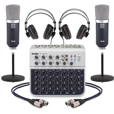 SubZero Podcast-Interview-Paket Alles Nötige für Großartige Podcast-Interviews, Zwei Große Kondensatormikrofone, USB-Mixer, Kabel und Tischstative SubZero Podcast-Interview-Paket Alles Nötige für Großartige Podcast-Interviews, Zwei Große Kondensatormikrofone, USB-Mixer, Kabel und Tischstative