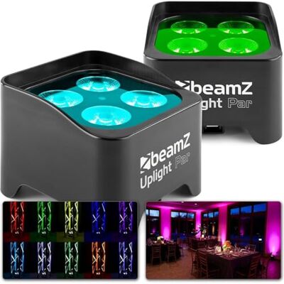 Beamz BBP90 Uplight LED Par Strahler 4x 4 Watt, Partylicht Musikgesteuert Bühnenbeleuchtung 2er Set für DJ Pult, Bühnenlicht, bis zu 20h Akku, DMX-LAN, Bühnenequipment, mit Fernbedienung, Disco Licht Beamz BBP90 Uplight LED Par Strahler 4x 4 Watt, Partylicht Musikgesteuert Bühnenbeleuchtung 2er Set für DJ Pult, Bühnenlicht, bis zu 20h Akku, DMX-LAN, Bühnenequipment, mit Fernbedienung, Disco Licht