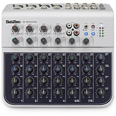 SubZero SZ-MIX08USB 8-Kanal-USB-Mixer/Interface Perfekte Mischung aus Produktion und Auftritt, acht Eingänge für jedes Level, integrierter 2-Band-EQ zur Klangformung SubZero SZ-MIX08USB 8-Kanal-USB-Mixer/Interface Perfekte Mischung aus Produktion und Auftritt, acht Eingänge für jedes Level, integrierter 2-Band-EQ zur Klangformung