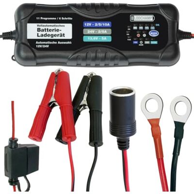 LODCHAMP , 10A/5A Intelligentes Batterieladegerät, 12V/24V KFZ/LKW Ladegerät, Erhaltungsladegerät mit Desulfator und Komfortstecker, Polklemmen und Ringösenkabel LODCHAMP , 10A/5A Intelligentes Batterieladegerät, 12V/24V KFZ/LKW Ladegerät, Erhaltungsladegerät mit Desulfator und Komfortstecker, Polklemmen und Ringösenkabel