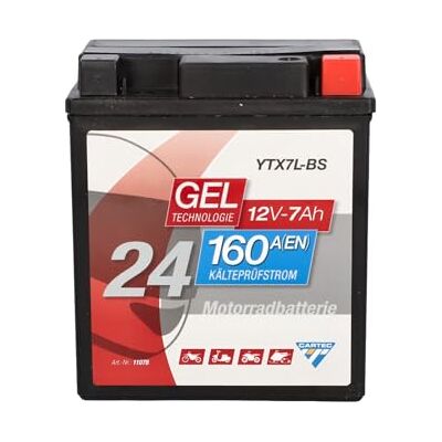 Cartec Motorradbatterie YTX7L-BS, 7Ah, 160A, Gel Technologie Motorrad-Starter-Batterie, Erstausrüsterqualität, zyklenfest, lagerfähig, wartungsfrei, schwarz Cartec Motorradbatterie YTX7L-BS, 7Ah, 160A, Gel Technologie Motorrad-Starter-Batterie, Erstausrüsterqualität, zyklenfest, lagerfähig, wartungsfrei, schwarz