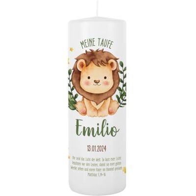 Striefchen ® Taufkerze 250/80 mm mit Tiermotiven und Aufdruck des Namen und Datum sowie Taufspruch (Löwe) Striefchen ® Taufkerze 250/80 mm mit Tiermotiven und Aufdruck des Namen und Datum sowie Taufspruch (Löwe)