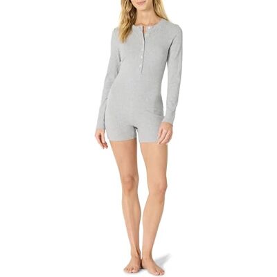 Amazon Damen Slim-Fit Langärmliger Lounge-Strampler aus gerippter Baumwollmischung, Mittelgrau Meliert, XL Amazon Damen Slim-Fit Langärmliger Lounge-Strampler aus gerippter Baumwollmischung, Mittelgrau Meliert, XL