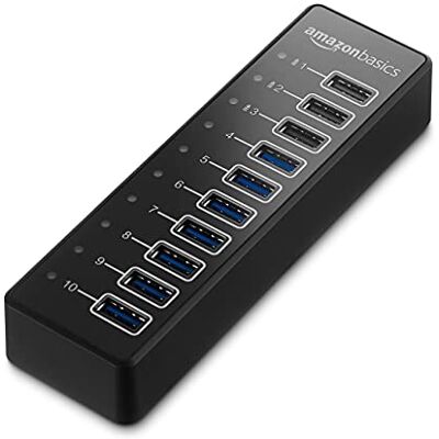 Amazon USB-Hub, USB-A 3.1 Hub mit 10 Anschlüssen und Netzadapter 65 W (20 V/3,25 A), Schwarz Amazon USB-Hub, USB-A 3.1 Hub mit 10 Anschlüssen und Netzadapter 65 W (20 V/3,25 A), Schwarz