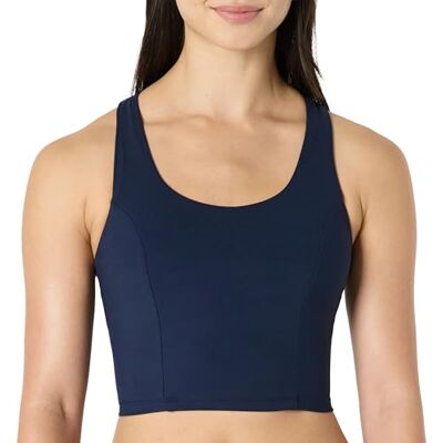 Amazon Damen Bauchfreies Trainings-Trägershirt mit mittlerer Stützkraft fürs Fitnessstudio, mit Ringerrücken und integriertem BH für Sport und Freizeit, Marineblau, M Amazon Damen Bauchfreies Trainings-Trägershirt mit mittlerer Stützkraft fürs Fitnessstudio, mit Ringerrücken und integriertem BH für Sport und Freizeit, Marineblau, M