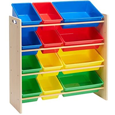Amazon Aufbewahrung für Kinderspielzeug, Spielzeug-Organizer mit 12 Plastikbehältern, Naturholz mit bunten Behältern, 27.7 D x 85.3 W x 79 H cm Amazon Aufbewahrung für Kinderspielzeug, Spielzeug-Organizer mit 12 Plastikbehältern, Naturholz mit bunten Behältern, 27.7 D x 85.3 W x 79 H cm