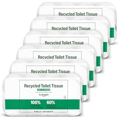 Amazon Recyceltes Toilettenpapier, 100% recycelte Fasern, 3-lagig, 200 Blatt, 48 Rollen (6 Pack à 8 Rollen), FSC-zertifiziert Amazon Recyceltes Toilettenpapier, 100% recycelte Fasern, 3-lagig, 200 Blatt, 48 Rollen (6 Pack à 8 Rollen), FSC-zertifiziert
