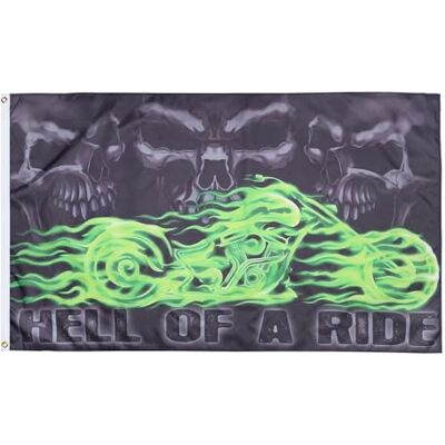 AZ FLAG Flagge Totenkopf Hell of a ride 150x90 cm Polyester 100D 2 Ösen Für innen und außen Pirat dekorative Flagge doppelte Nähte und verstärkte Kanten mit Metallösen 100D Polyester AZ FLAG Flagge Totenkopf Hell of a ride 150x90 cm Polyester 100D 2 Ösen Für innen und außen Pirat dekorative Flagge doppelte Nähte und verstärkte Kanten mit Metallösen 100D Polyester